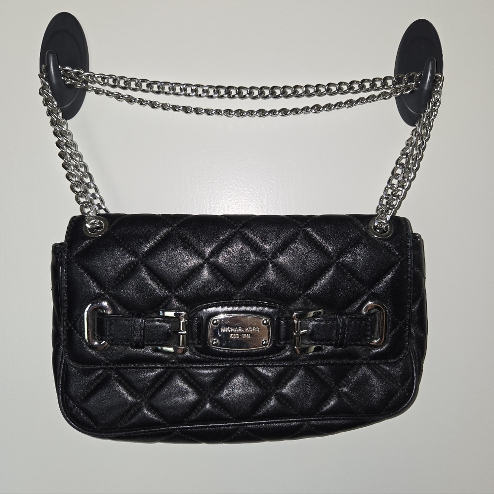 Michael Kors Black Quilted Shoulder Bag with Silver Chain